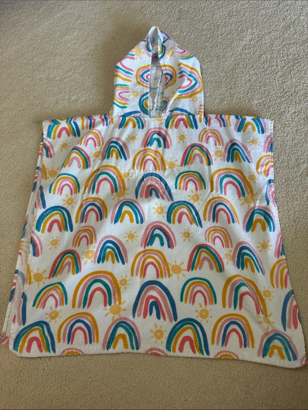 Kids Hooded Beach Poncho - White with Multicolor Rainbows and pink floral